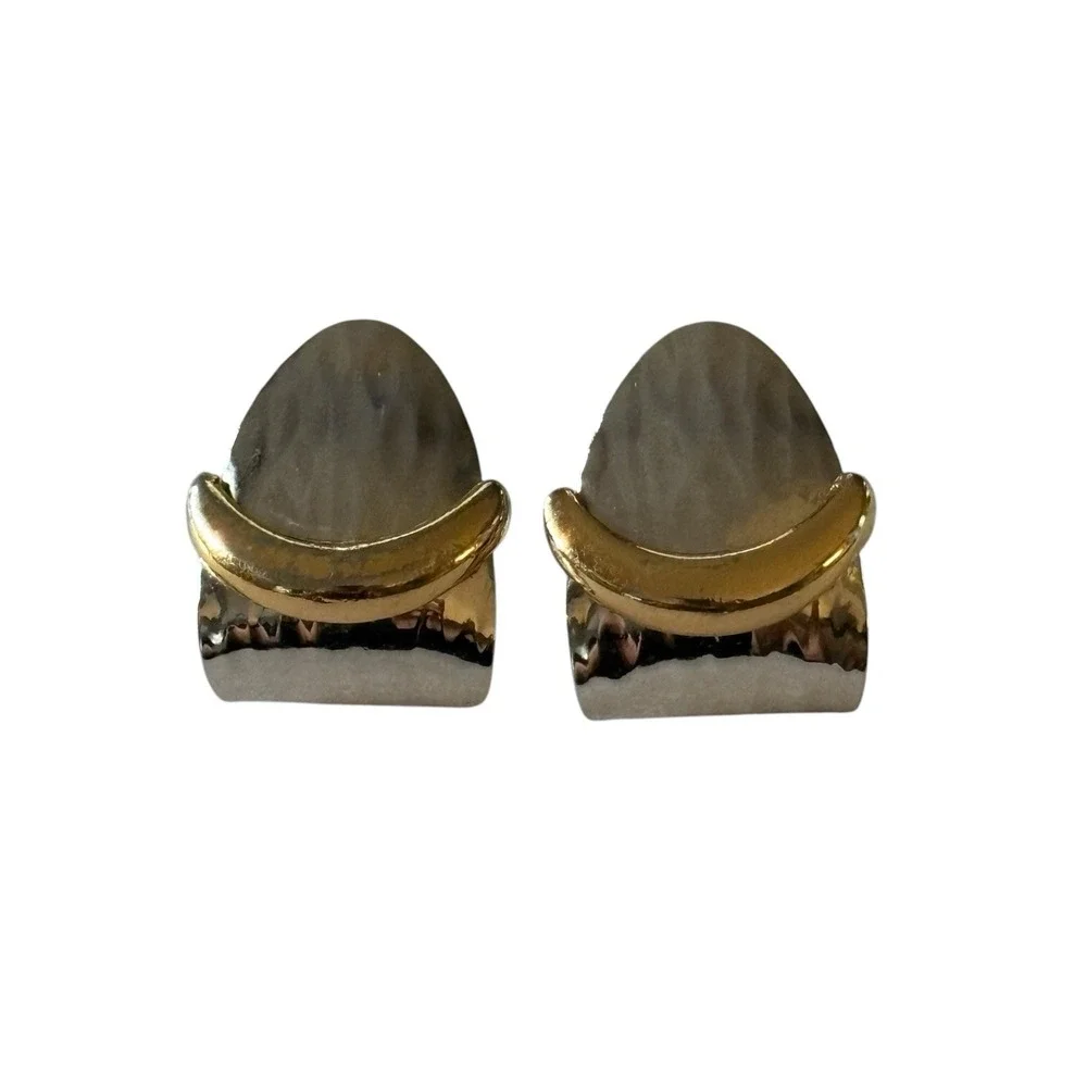 Vintage Napier Earrings Silver‎ & Gold Tone Huggie Hoop Hammered Design Layered